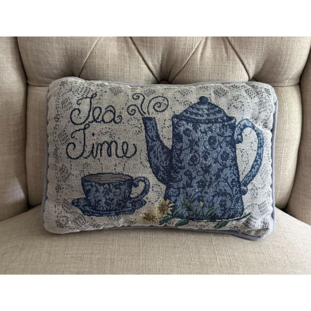 Tea Time Pillow 8” X 12” Needlepoint Tapestry Tea Cup Tea Kettle Throw Pillow